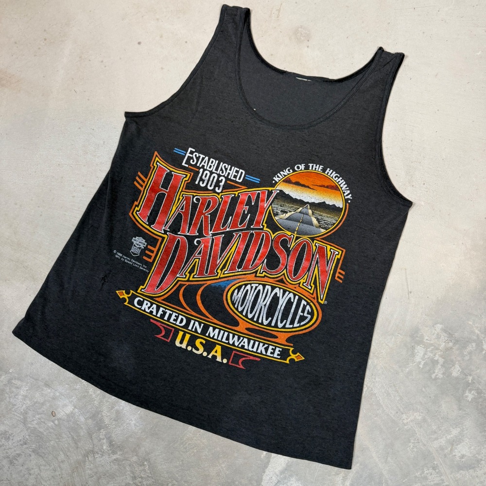 Vintage 1988 Harley Davidson King of the Highway Soft Tank Top Black Distress L